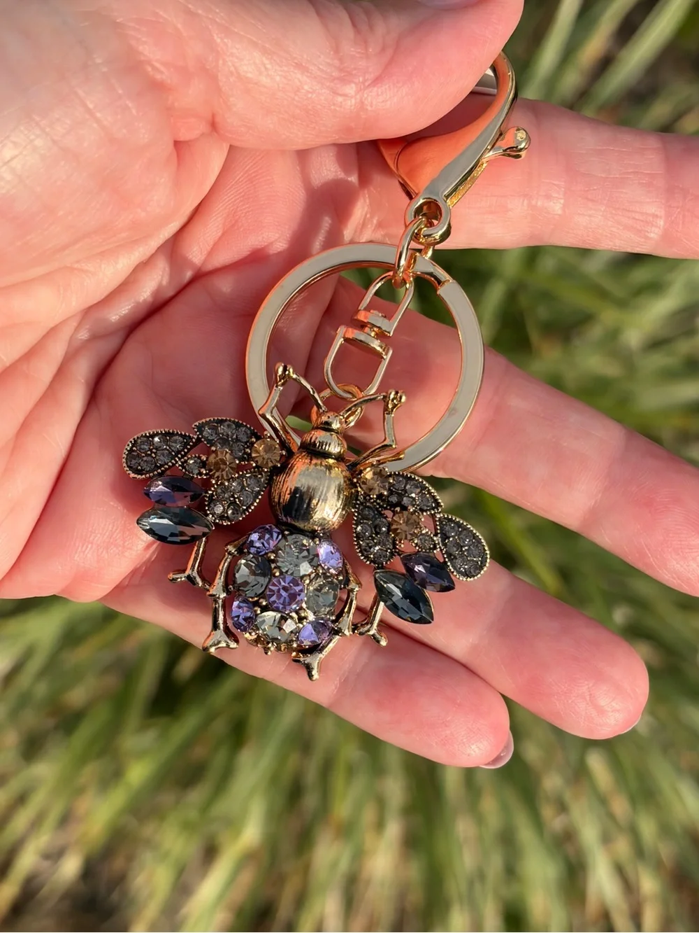 Sparkling Gold Bee Keychain with Purple and Gray Crystals